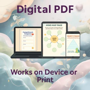 K&ouml;nnte beinhalten: Digitales PDF, angezeigt auf einem Laptop, Tablet und Smartphone. Der Laptop zeigt Kompliment-Gutscheine, das Tablet zeigt eine Mindmap-Seite und das Telefon zeigt eine Priorit&auml;tenpyramide. Der Text lautet "Funktioniert auf Ger&auml;t oder Druck."