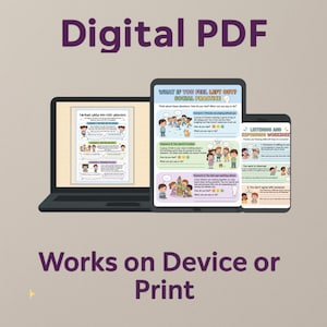 Peut inclure: Un PDF num&eacute;rique affich&eacute; sur un ordinateur portable, une tablette et un smartphone. Les &eacute;crans affichent des feuilles de travail &eacute;ducatives avec des illustrations color&eacute;es et du texte. Le texte comprend "Talking When You Feel Nervous", "What If You Feel Left Out? Social Practice", et "Listening and Responding Worksheet".