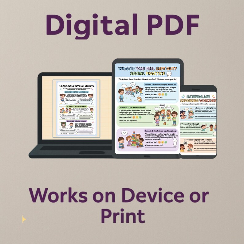 Peut inclure: Un PDF num&eacute;rique affich&eacute; sur un ordinateur portable, une tablette et un smartphone. Les &eacute;crans affichent des feuilles de travail &eacute;ducatives avec des illustrations color&eacute;es et du texte. Le texte comprend "Talking When You Feel Nervous", "What If You Feel Left Out? Social Practice", et "Listening and Responding Worksheet".