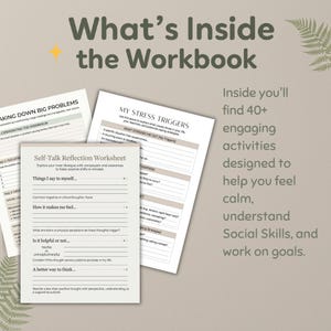 Peut inclure: Image d'un cahier intitul&eacute; "What's Inside the Workbook". L'image montre des feuilles de travail avec des invites pour l'auto-r&eacute;flexion, les d&eacute;clencheurs de stress et des activit&eacute;s pour g&eacute;rer les &eacute;motions et travailler sur les objectifs. Le texte dit "Inside you'll find 40+ engaging activities."
