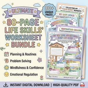 May include: A colorful worksheet bundle with the text "ULTIMATE 80-PAGE LIFE SKILLS WORKSHEET BUNDLE." The bundle includes pages for planning, problem-solving, mindfulness, and emotional regulation. The image also includes the text "INSTANT DIGITAL DOWNLOAD | HIGH-QUALITY PDF."