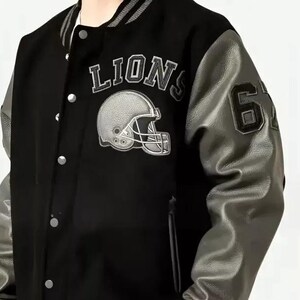 Retro Tom Hardy Eddie Brock Detroit Lions Preto Lã Couro Mangas Varsity Jaqueta | Jaqueta de lã | Jaqueta de lã casual para homens