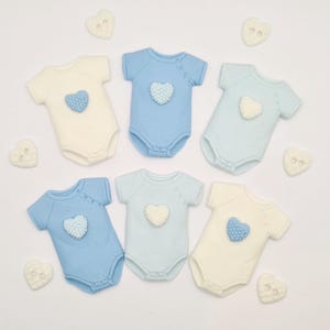 6 Edible Sugar Baby Vests with Hearts; Blue and White Baby Shower Cake Toppers
