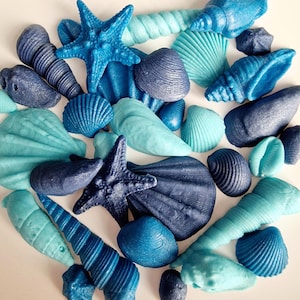 Könnte beinhalten: Eine Ansammlung blauer und türkisfarbener Muscheln und Seesterne. Die Sammlung umfasst verschiedene Formen und Größen, mit Farbtönen von helltürkis bis tiefmarineblau. Einige Muscheln haben strukturierte Oberflächen, andere sind glatt. Die Anordnung ist verstreut und erzeugt eine Strandästhetik.