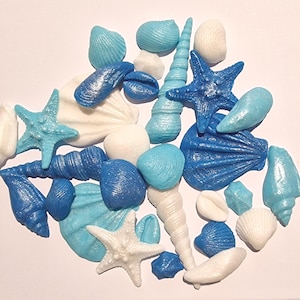 Essbare Muscheln: Blau, Aqua Blau und Weiß Cake Toppers mit Schimmer