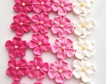 30 edible Sugar Blossom Cake Decorations: Pink and White Shimmer Flower Toppers