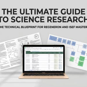 May include: A laptop displaying a spreadsheet is the focal point of this image, accompanied by printed documents and the text "THE ULTIMATE GUIDE TO SCIENCE RESEARCH". The image also includes the text "THE TECHNICAL BLUEPRINT FOR REGENERON AND ISEF MASTERY".