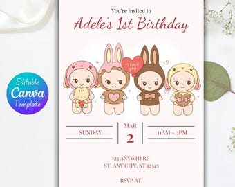 Inbjudan till Ängelns första födelsedag | Pastell Kawaii-fest (digital nedladdning)
