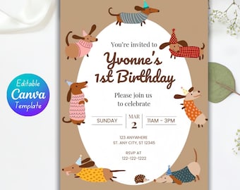 Peut inclure: Une carte d'invitation marron avec un cercle blanc au centre. Le cercle contient le texte "You're invited to Yvonne's 1st Birthday" en noir. La carte est décorée de chiens teckels de dessin animé portant des chapeaux de fête et des pulls. Le texte "Please join us to celebrate" est situé sous le cercle. La date et l'heure de la fête sont indiquées sous le texte : "SUNDAY MAR 2 11AM-3PM". L'adresse et les informations RSVP sont indiquées sous la date et l'heure.