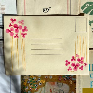 Lettre "Fleurs roses"  - Aquarelle sur enveloppe