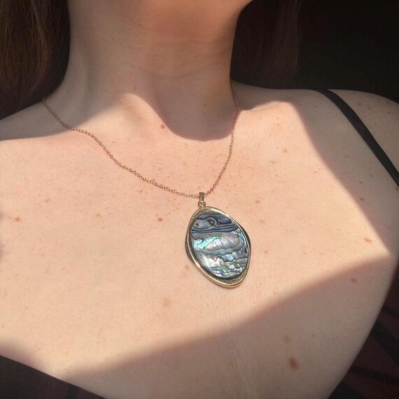 Large Statement Oval Abalone Shell Pendant | Vint… - image 3
