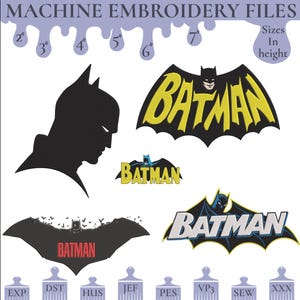 Puede incluir: Archivos de bordado a máquina con diseños de Batman. Incluye siluetas, logotipos y símbolos de murciélagos. Tamaños de 5 a 18 cm de altura. La imagen también enumera varios formatos de archivo, incluidos EXP, DST, HUS, JEF, PES, VP3, SEW y XXX.