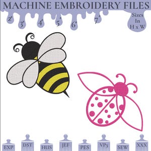 Könnte beinhalten: Weißer Hintergrund mit Maschinenstickdateien, die ein Bienen- und Marienkäferdesign zeigen. Die Biene ist schwarz und gelb, der Marienkäfer rosa mit weißen Punkten. Text enthält "MACHINE EMBROIDERY FILES" und Größenangaben in Zoll.