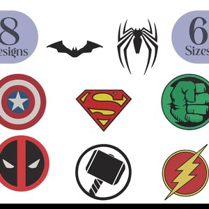 May include: Eight superhero designs in six sizes. The designs include Superman, Batman, Spiderman, Captain America, Hulk, Deadpool, Thor, and The Flash. The designs are in a variety of colors, including red, blue, yellow, green, and black.
