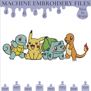 May include: Machine embroidery files featuring four colorful cartoon characters. The design includes the text "MACHINE EMBROIDERY FILES" and size indicators from 4" to 9" in width. The image also lists various file formats.