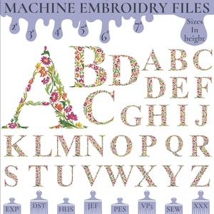 Letras florais bordadas, desenhos de bordado à máquina do alfabeto de flores completas de A a Z, letras maiúsculas, PES DST etc. - 6 tamanhos - Download instantâneo