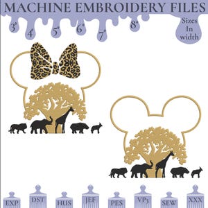 May include: Machine embroidery files featuring a safari theme. The design includes a Mickey Mouse head shape with a tree, giraffe, elephant, and other animals. The design is available in sizes from 3" to 8" wide. The image also includes file format options.
