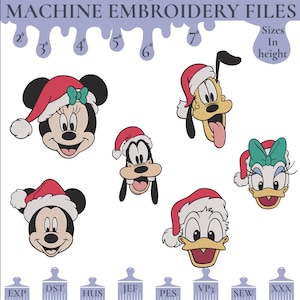 Może przedstawiać: Pliki do haftu maszynowego z postaciami z kreskówek w czapkach Świętego Mikołaja. Obraz zawiera Myszkę Miki, Minnie, Pluto, Goofy'ego, Kaczora Donalda i Daisy Duck. Rozmiary podano w cm, od 5 cm do 18 cm wysokości. Obraz wymienia również formaty plików.