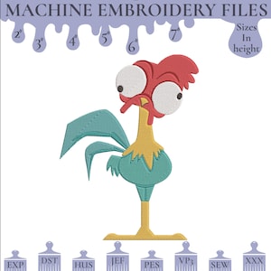 Puede incluir: Archivos de bordado a máquina con un diseño de gallo de dibujos animados. El gallo es en tonos de rojo, verde azulado, amarillo y blanco. Los tamaños se indican en cm, que van desde 5,08 cm hasta 17,78 cm de altura. Los formatos de archivo incluyen EXP, DST, HUS, JEF, PES, VP3, SEW y XXX.