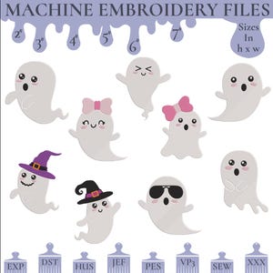 May include: Machine embroidery files featuring various cartoon ghost designs. The ghosts have different expressions and accessories, including bows, witch hats, and sunglasses. The image also includes text indicating sizes in inches and file formats.