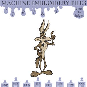 May include: Machine embroidery files featuring a cartoon coyote design. The image includes sizes from 4" to 9" in height, and various file formats such as EXP, DST, HUS, JEF, PES, VP3, SEW, and XXX. The text at the bottom says, "(If you need any format other than mentioned, Please Contact me)".