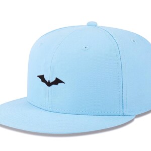 May include: A light blue baseball cap with a black bat silhouette embroidered on the front.