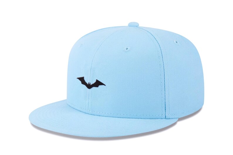 May include: A light blue baseball cap with a black bat silhouette embroidered on the front.