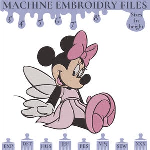 May include: Machine embroidery file design of a pink and white fairy Minnie Mouse with a bow. The design is available in 3", 4", 5", 6", 7", and 8" sizes. The file formats available are EXP, DST, HUS, JEF, PES, VP3, SEW, and XXX.
