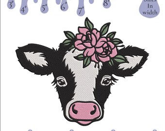May include: Machine embroidery file design of a black and white cow with pink flowers on its head. The design is available in sizes from 3 to 8 inches wide. File formats include EXP, DST, HUS, JEF, PES, VP3, SEW, and XXX.