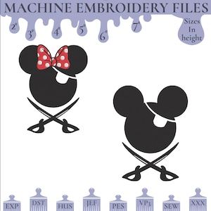 ミッキー＆ミニー海賊刺繍デザイン：6サイズ、8つのフォーマット（即時ダウンロード）