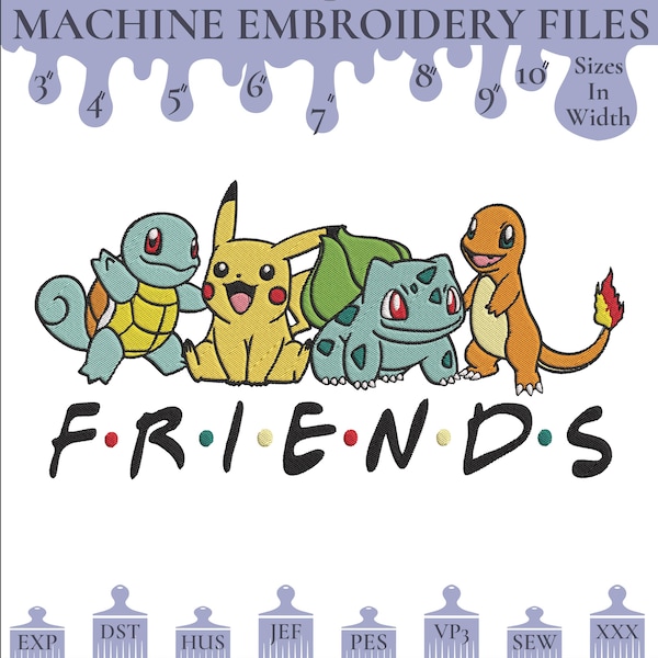 Desenho de bordado de Pokémon, Pikachu e seus amigos (Download digital)