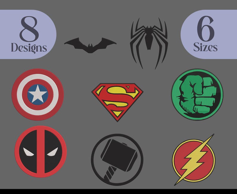 May include: Eight superhero designs in six sizes. The designs include Captain America, Superman, Hulk, Deadpool, Thor, The Flash, Batman, and Spiderman.
