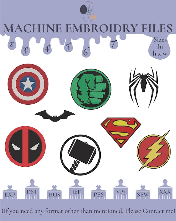 Superhero Logos Embroidery Design: Fill Stitch Patches (Instant Download)