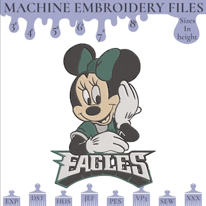 May include: Machine embroidery file featuring a cartoon character wearing a green and white Eagles jersey. The design includes the text "EAGLES" and is available in various sizes, ranging from 7.6 to 20.3 cm in height. The image also lists different file formats.