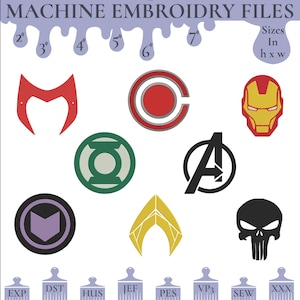 May include: Machine embroidery files featuring various superhero logos, including Scarlet Witch, Superman, Iron Man, Green Lantern, Captain America, Aquaman, and the Punisher. The files are available in multiple formats, including EXP, DST, HUS, JEF, PES, VP3, SEW, and XXX. Sizes are available in 2", 3", 4", 5", 6", and 7".