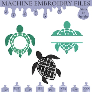 May include: Machine embroidery files for a turtle design in black and green. The design is available in sizes from 2 to 7 inches in height. The file formats available are EXP, DST, HUS, JEF, PES, VP3, SEW, and XXX.