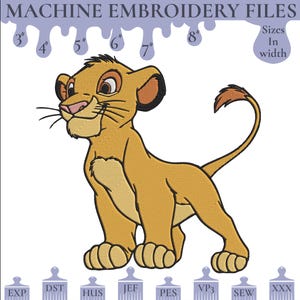 Diseño de bordado a máquina de Simba El Rey León, 6 tamaños, 8 formatos, descarga instantánea