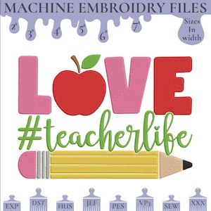 Teacher Embroidery design, Back to School Machine Embroidery Files, School Teach Love Inspire Embroidery, Teacher Life Embroidery Designs