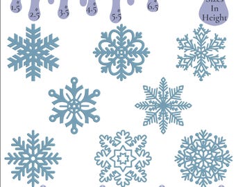 Op de afbeelding: Een digitaal ontwerpbestand met machinaal geborduurde sneeuwvlokpatronen in verschillende maten, variërend van 3,8 cm tot 16,5 cm hoog. De afbeelding bevat de tekst "MACHINE EMBROIDERY FILES" en bestandsformaat afkortingen.