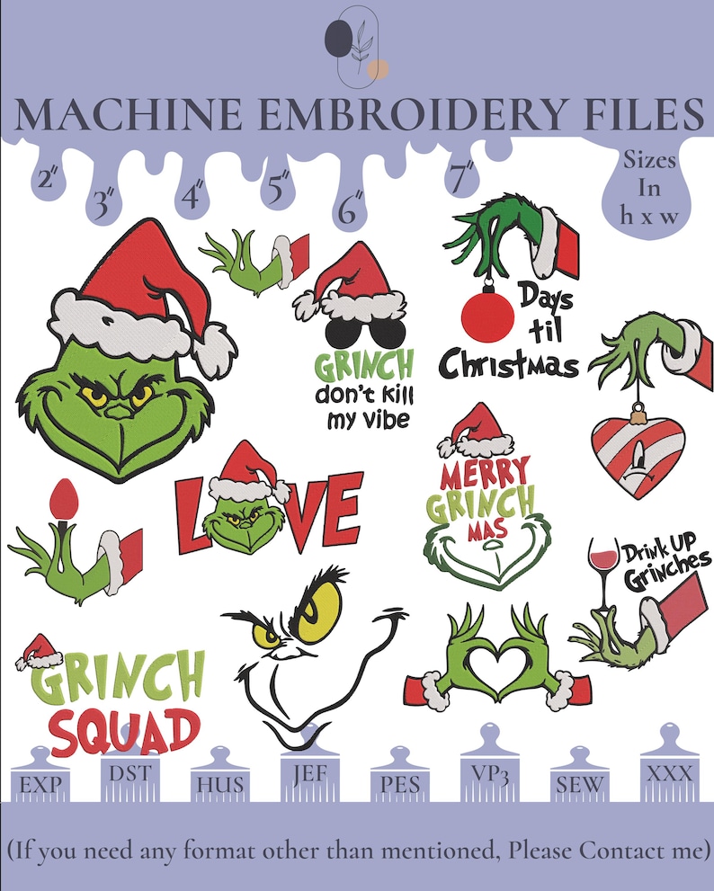Grinch Bundle Machine Embroidery Design, Christmas Embroidery Files ( 6 ...