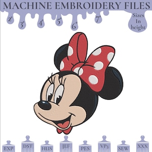 May include: Machine embroidery file featuring a smiling cartoon mouse head with a red bow with white polka dots. The image includes sizes from 2" to 7" in height, and file formats EXP, DST, HUS, JEF, PES, VP3, SEW, and XXX.