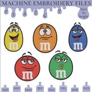 Pacchetto di disegni da ricamo M&M Faces / File per ricamo a macchina con personaggi di caramelle / Rosso Giallo Verde Blu Marrone / PES DST JEF Exp Vp3