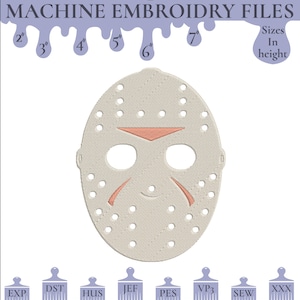May include: Machine embroidery files for a white hockey mask with a red stripe. The files are available in the following formats: EXP, DST, HUS, JEF, PES, VP3, SEW, and XXX. Sizes are available in 2", 3", 4", 5", 6", and 7" in height.