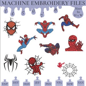 Puede incluir: Archivos de bordado a máquina con diseños de Spider-Man. La imagen muestra varias ilustraciones de Spider-Man en diferentes poses, una telaraña y un icono de araña. Los tamaños se indican en cm.