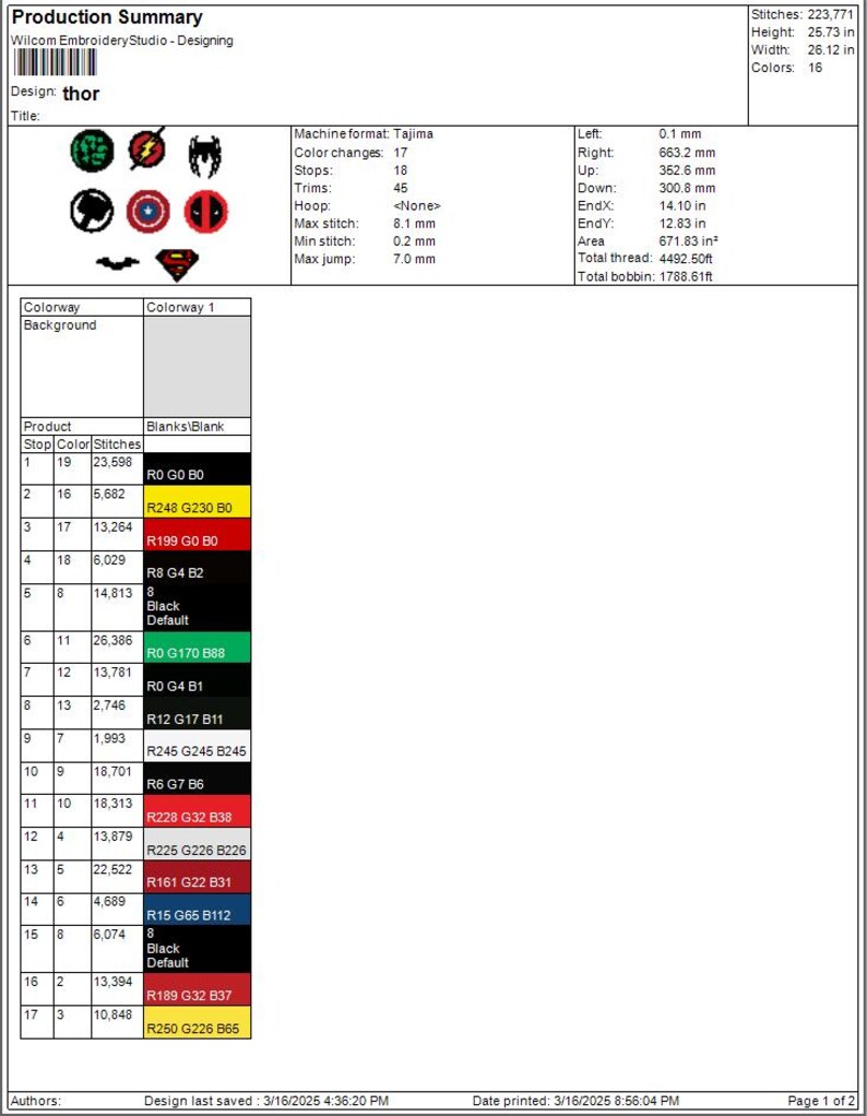 May include: A production summary for a machine embroidery design of the superhero Thor. The design includes the Marvel characters Iron Man, Captain America, Spider-Man, Hulk, and Batman. The design is 25.73 inches tall and 26.12 inches wide and uses 16 colors. The design is for a Tajima embroidery machine.