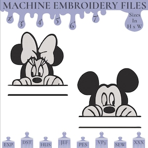 May include: Machine embroidery files featuring Minnie Mouse and Mickey Mouse designs. The image includes sizes in inches, ranging from 2" to 7" in height and width. The image also lists various file formats, including EXP, DST, HUS, JEF, PES, VP3, SEW, and XXX.