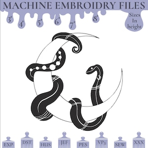 May include: A digital machine embroidery file featuring a black and white snake and crescent moon design. Sizes range from 7.6 cm to 20.3 cm in height. The image includes file format options. Text reads "MACHINE EMBROIDERY FILES".
