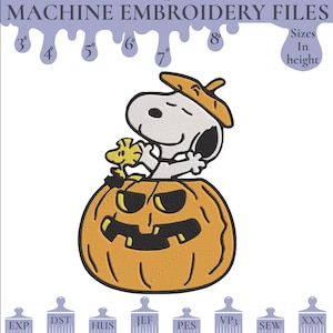 May include: Machine embroidery file featuring Snoopy and Woodstock in a jack-o'-lantern. The design includes sizes from 3" to 8" in height. The image also displays various file formats, including EXP, DST, HUS, JEF, PES, VP3, SEW, and XXX.