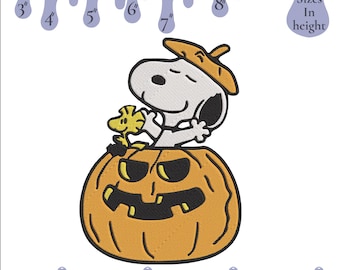 May include: Machine embroidery file featuring Snoopy and Woodstock in a jack-o'-lantern. The design includes sizes from 3" to 8" in height. The image also displays various file formats, including EXP, DST, HUS, JEF, PES, VP3, SEW, and XXX.