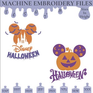 Puede incluir: Archivos de bordado a máquina con diseños de Halloween de Disney. Los diseños incluyen una cabeza de Mickey Mouse naranja con murciélagos y una calabaza con orejas de Mickey Mouse. Los tamaños se indican en cm, de 7.6 cm a 20.3 cm de altura. Formatos de archivo: EXP, DST, HUS, JEF, PES, VP3, SEW y XXX.